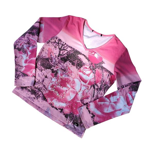 Y2k Miss Sixty Pink Graphic Sequin Embellished Long-sleeved Top - Size Medium - Picture 1 of 8